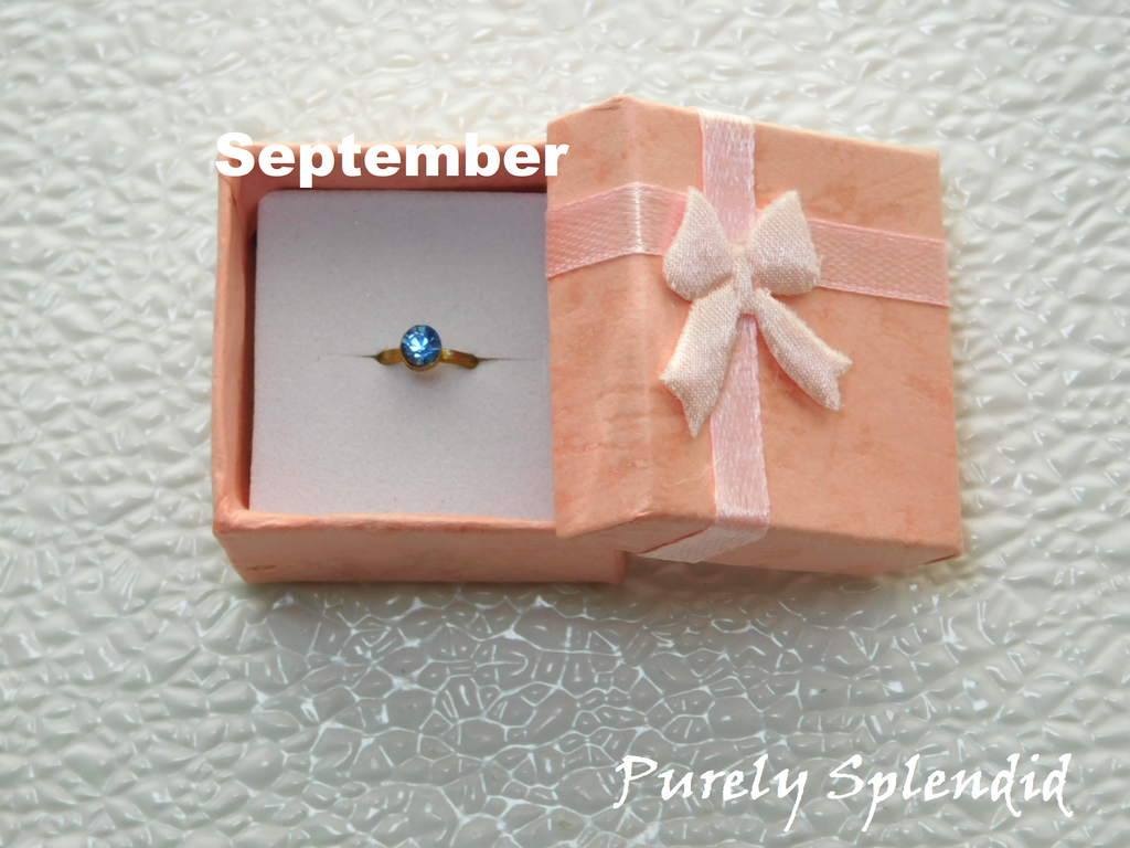 September birthstone ring - sapphire colored crystal for 18 inch girl dolls | Purely Splendid
