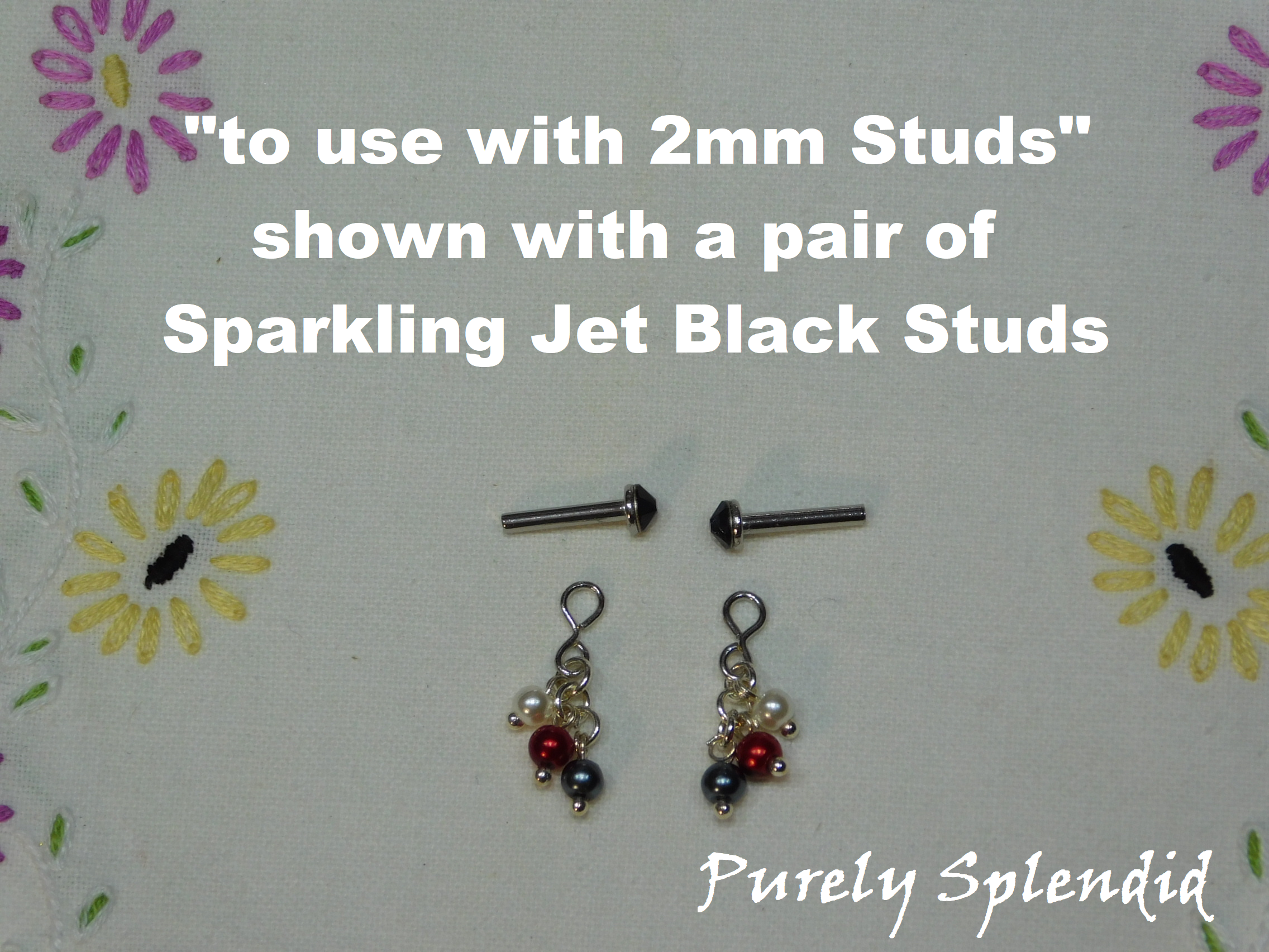 Scarlet and Gray Pearl Earring Dangles shown with a pair of Jet Black Crystal Studs