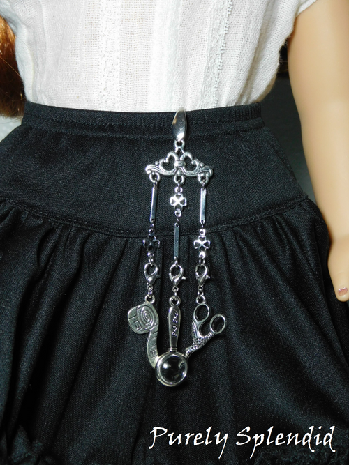 Practical silver sewing chatelaine for 18 inch girl dolls with tape measure, magnifying glass and scissors, American made | Purely Splendid
