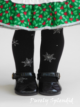 Load image into Gallery viewer, Sparkling silver snowflakes on black tights shown on an 18 inch doll wearing a holiday dress
