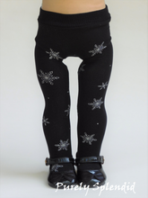 Load image into Gallery viewer, Sparkling silver snowflakes on black tights shown on an 18 inch doll
