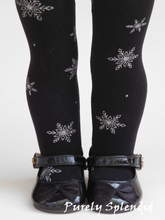 Load image into Gallery viewer, Sparkling silver snowflakes on black tights shown on an 18 inch doll
