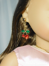 Load image into Gallery viewer, Cherry Earrings worn by an 18 inch doll who has pinholes
