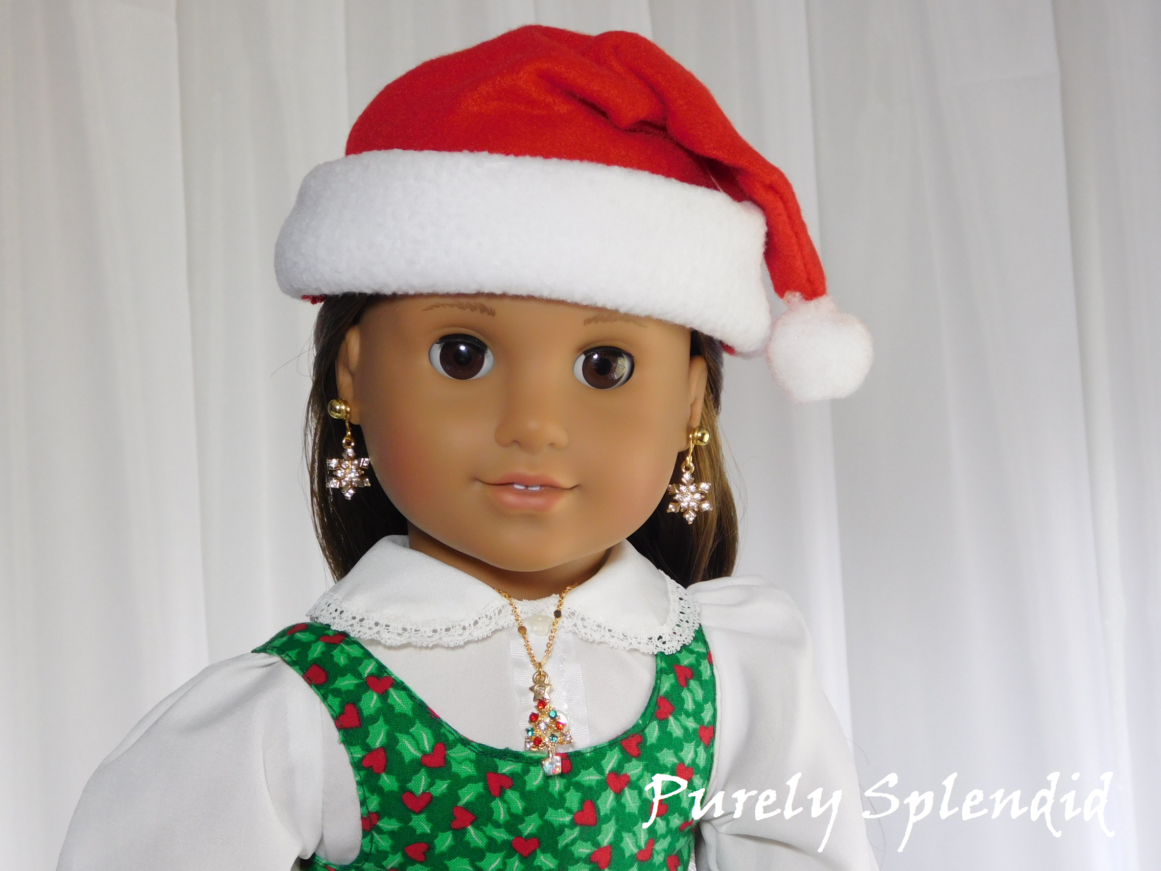 18 inch doll shown wearing a sparkling Christmas Tree Necklace