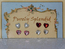 Load image into Gallery viewer, set of four Heart Studs pearl, red, pink and crystal for dolls who wear 2mm studs
