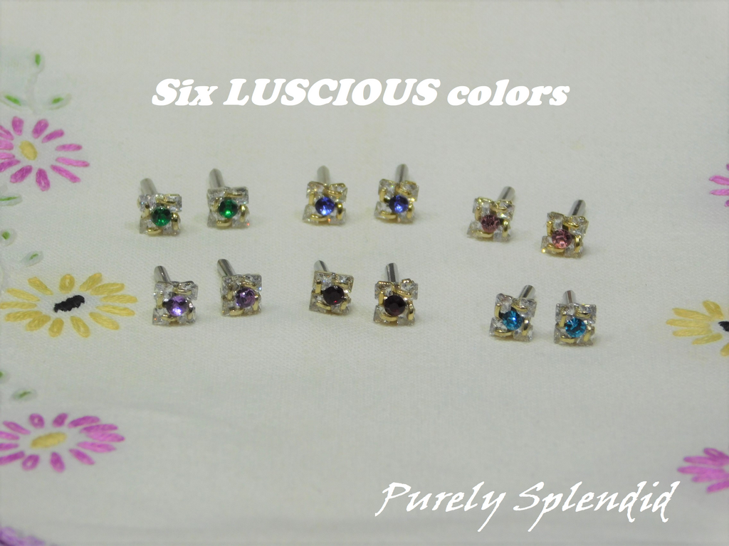 sparkling square stud earrings with choice of center crystal