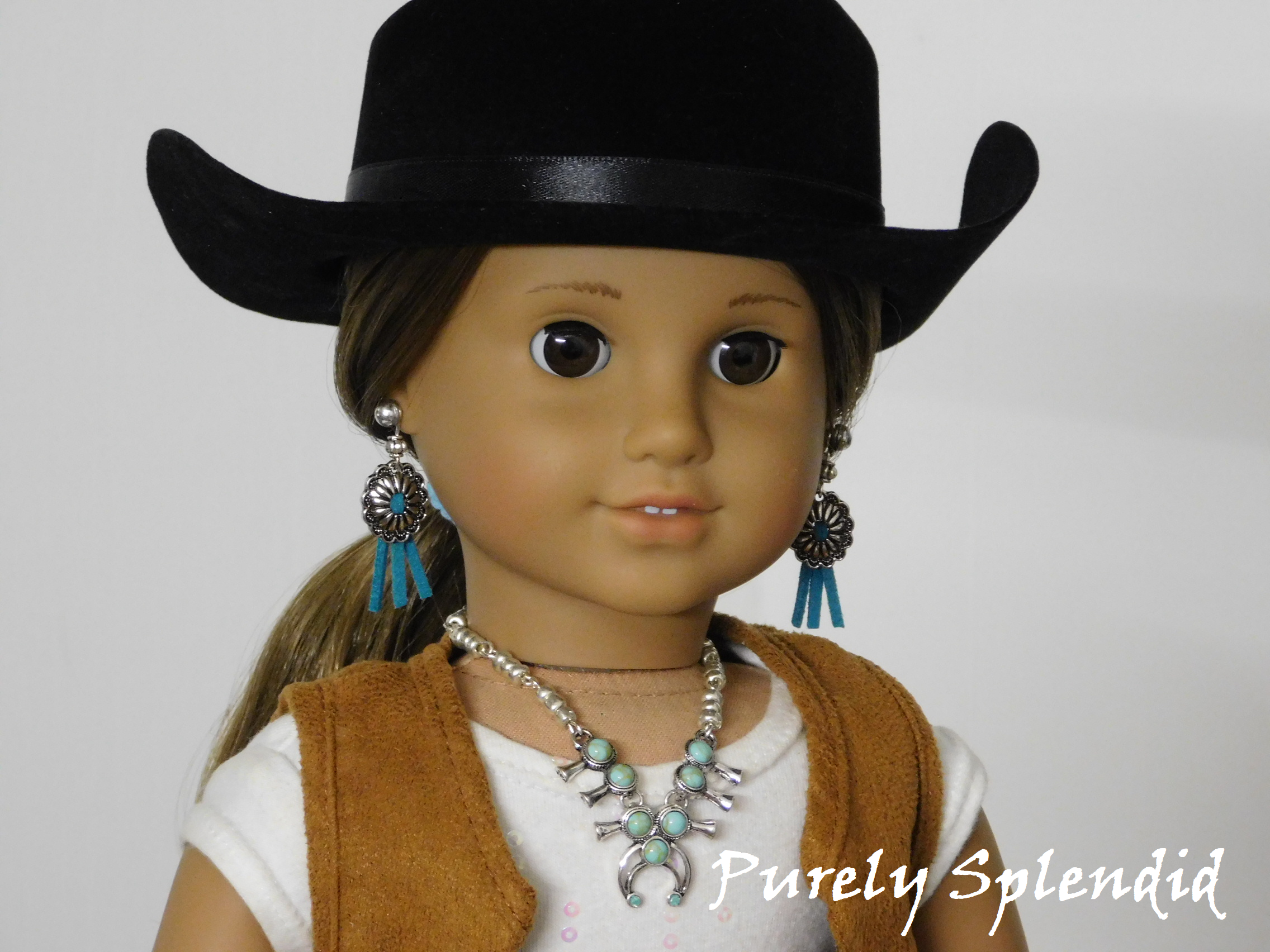 18 inch doll shown wearing Squash Blossom Necklace