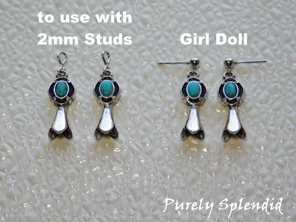 Squash blossom earrings detail showing silver blossom design with turquoise center for 18 inch dolls
