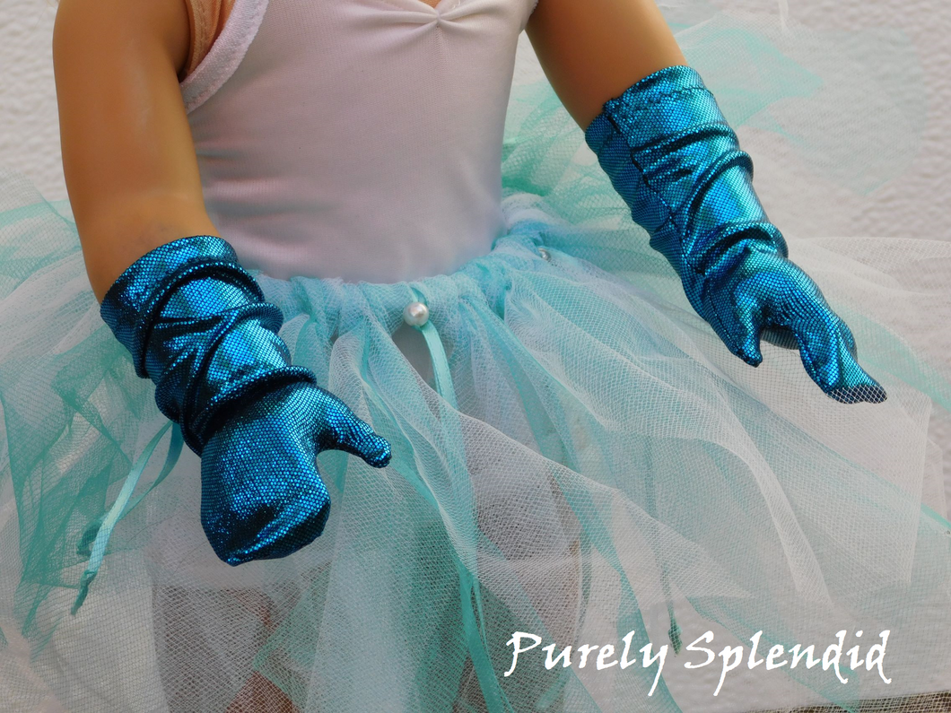 18 inch doll shown wearing a pair of Teal Shimmer Gloves