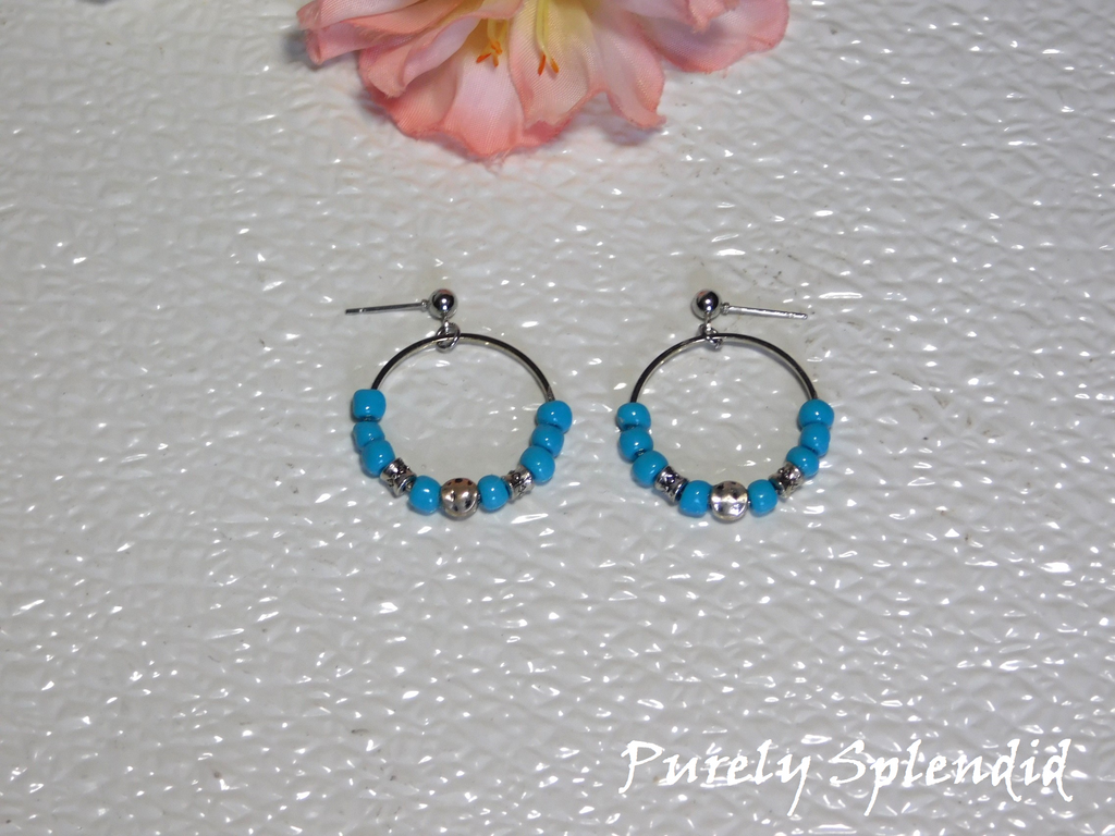 Turquoise and Silver Beaded Hoop Earrings