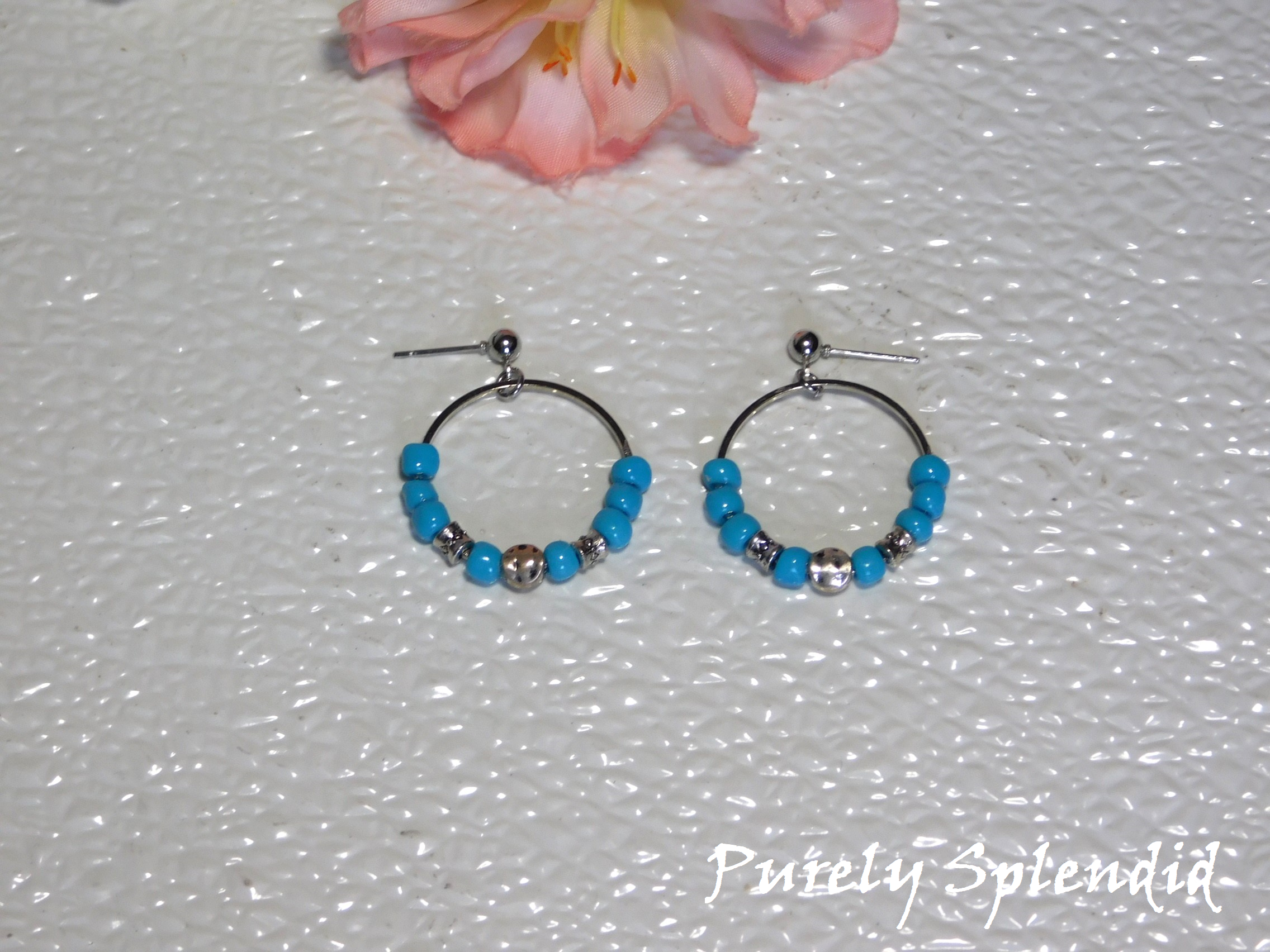 Turquoise and Silver Beaded Hoop Earrings