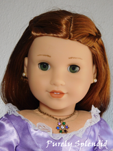 Load image into Gallery viewer, 18 inch doll wearing a gemstone necklace that spells the word Dearest
