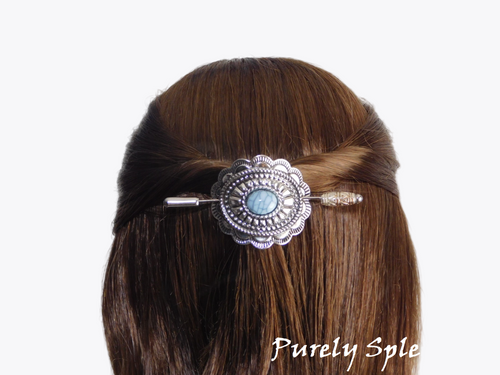 Concho barrette with hair stick for 18 inch girl doll with silver concho and turquoise accents, American made | Purely Splendid
