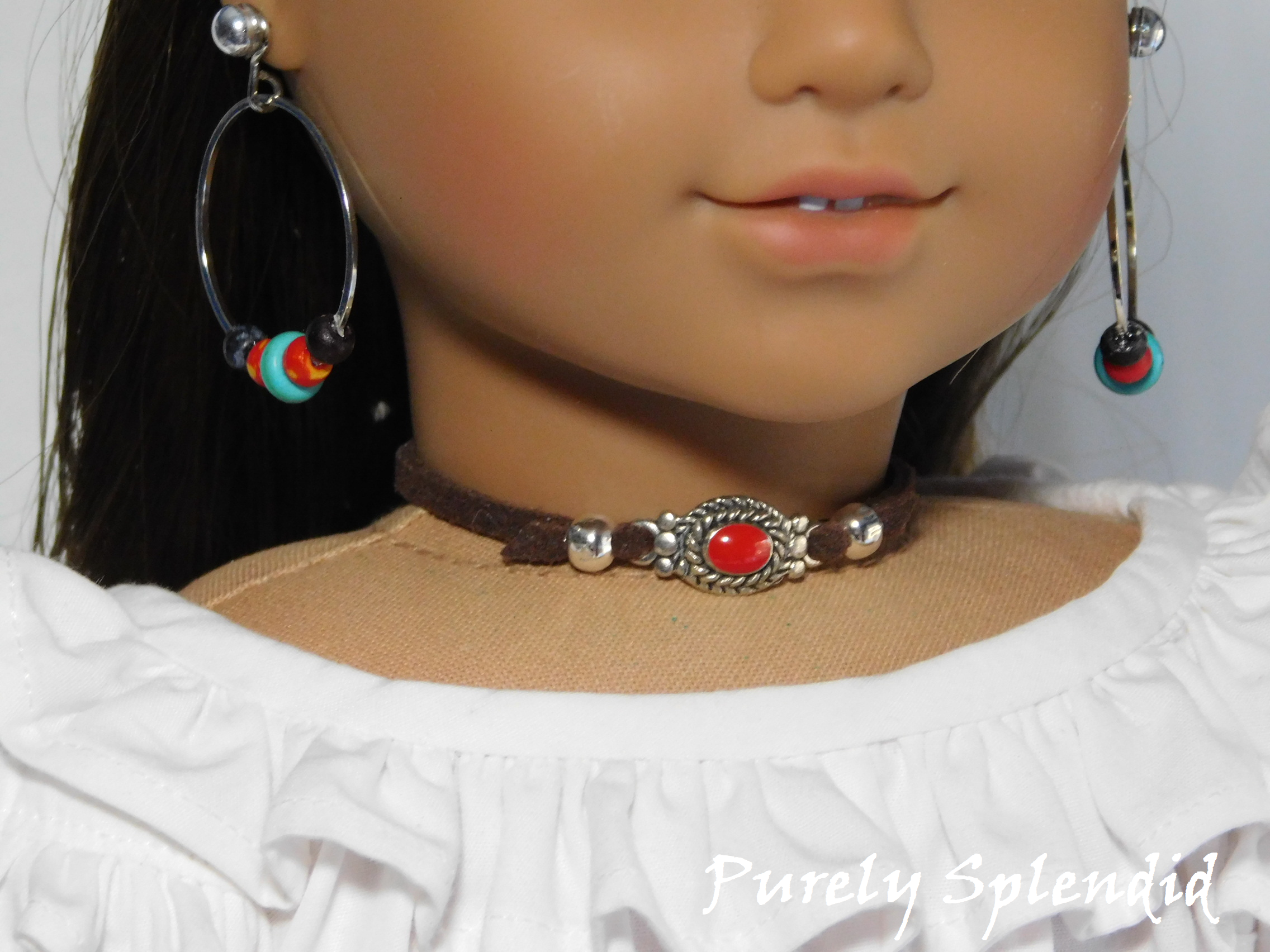 Western Beaded Hoop Earrings shown worn by an 18 inch doll along with a pair of Small Silver Classic Studs