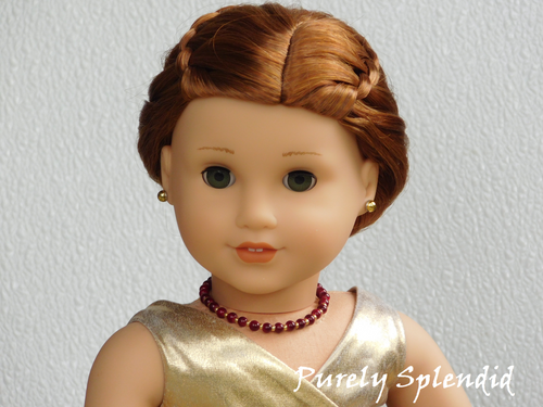Beautiful Wine and Gold Beaded Necklace shown worn by an 18 inch doll