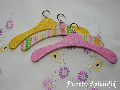 18 inch girl doll clothes hangers | American made yellow and pink striped fabric covered set | Purely Splendid
