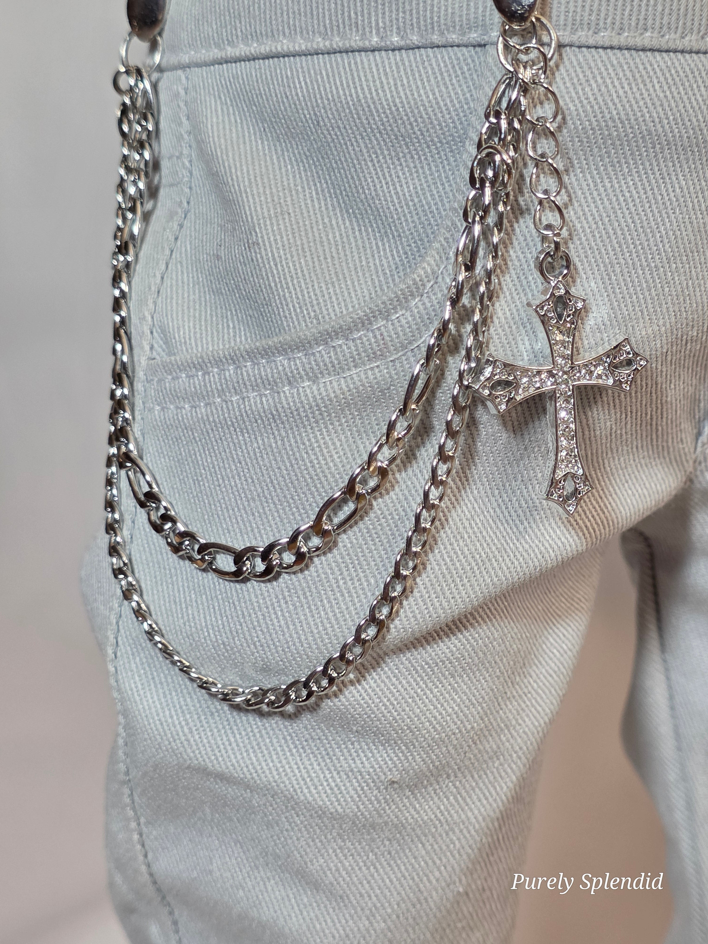 Close-up of rhinestone cross charm on silver layered waist chain for 18 inch doll | Purely Splendid
