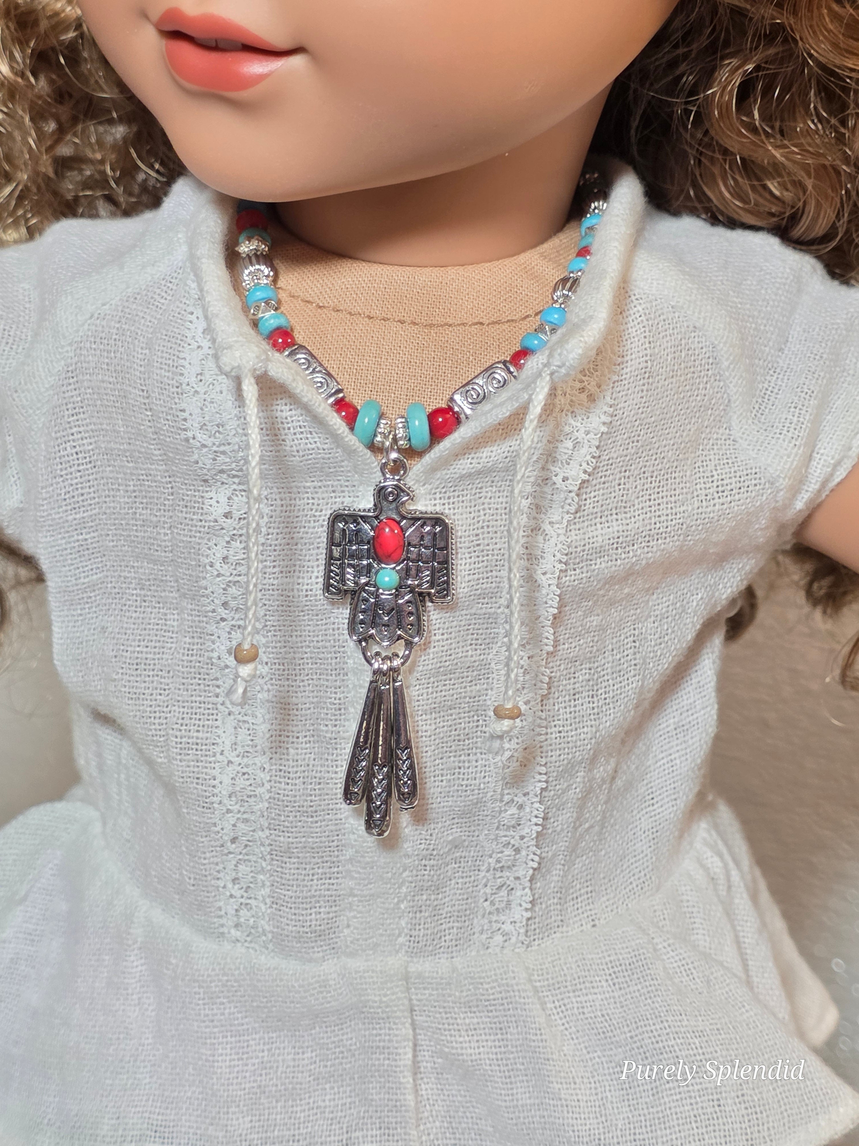 18 inch girl doll wearing Western Eagle Necklace with magnetic clasp, American made couture jewelry | Purely Splendid
