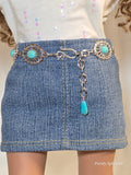Turquoise Concho Western belt on 18 inch girl doll showing hook clasp and adjustable chain, American made | Purely Splendid
