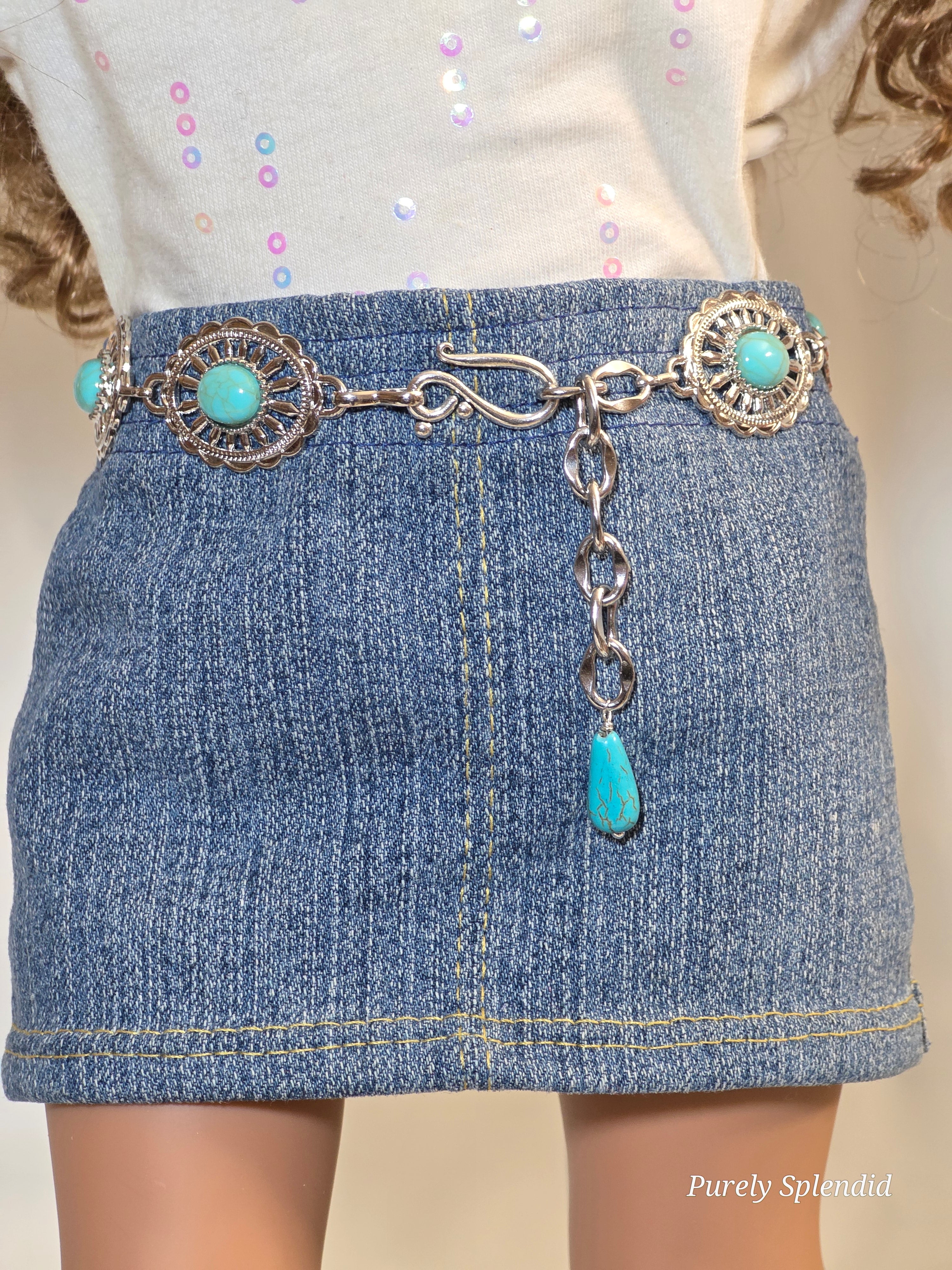 Turquoise Concho Western belt on 18 inch girl doll showing hook clasp and adjustable chain, American made | Purely Splendid
