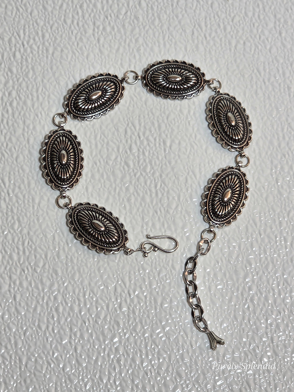Western Concho Belt detail view showing silver concho links and hook clasp for 18 inch girl doll, American made | Purely Splendid
