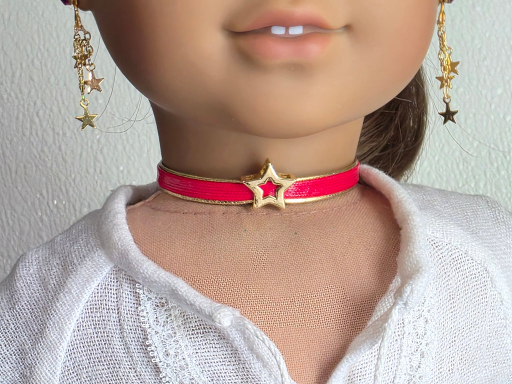 18 inch doll wearing a gold star choker necklace in red American made / Purely Splendid