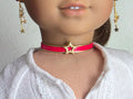 18 inch doll wearing a gold star choker necklace in red American made / Purely Splendid