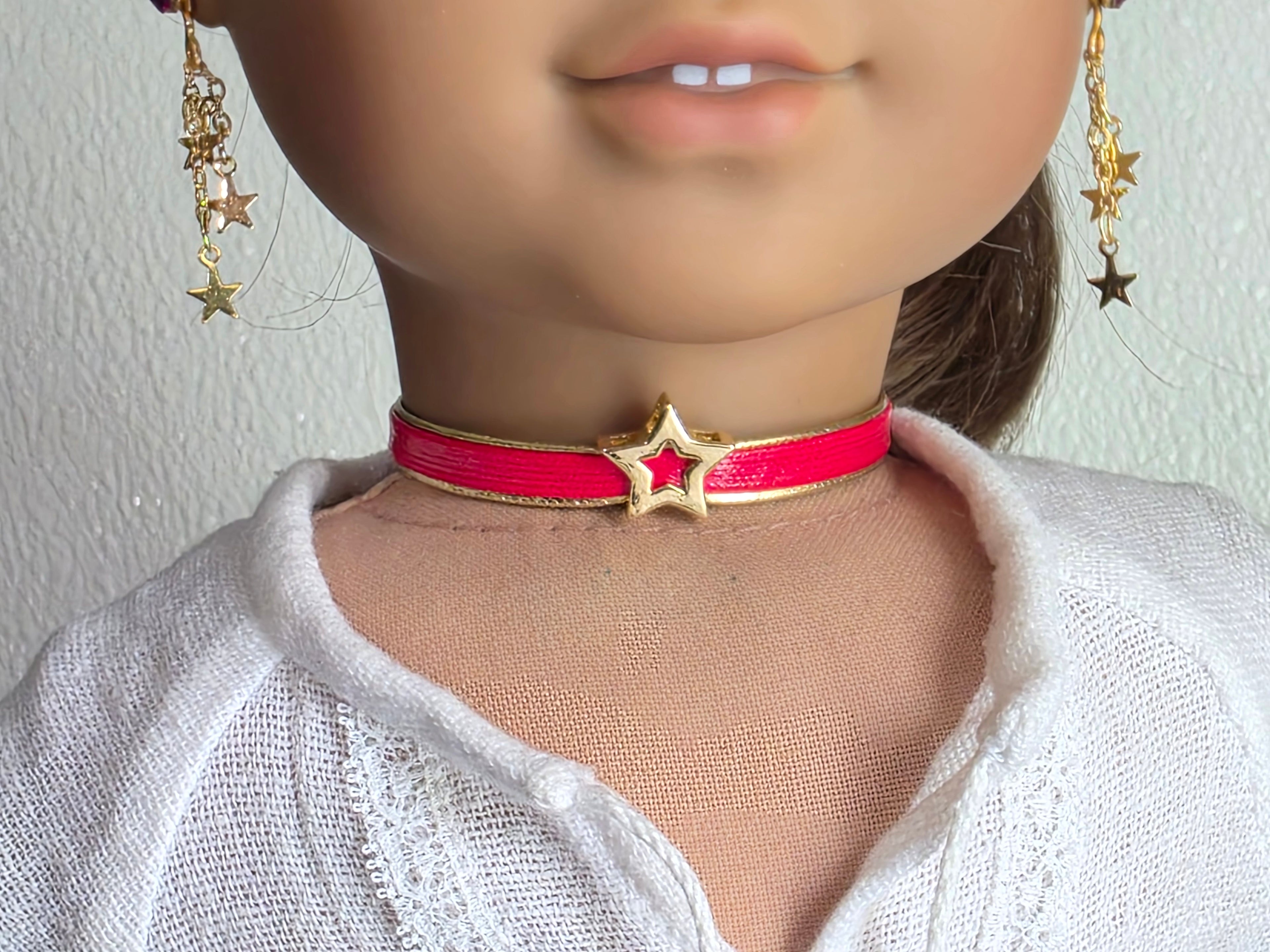 18 inch doll wearing a gold star choker necklace in red American made / Purely Splendid