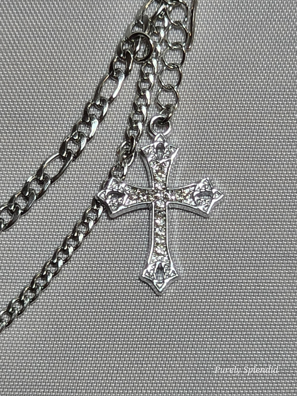 Rhinestone cross charm and silver chain detail, American made doll jewelry | Purely Splendid
