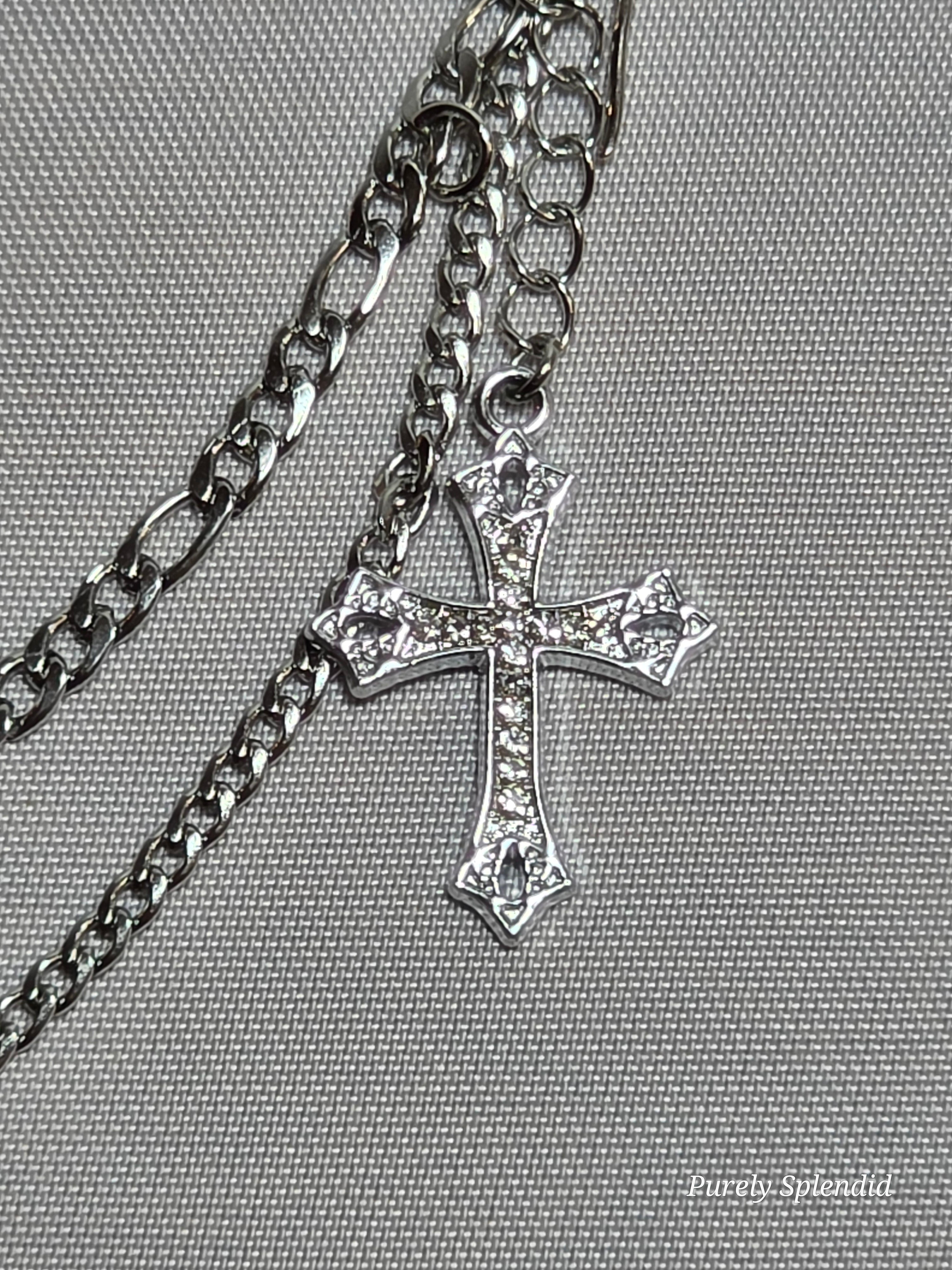 Rhinestone cross charm and silver chain detail, American made doll jewelry | Purely Splendid

