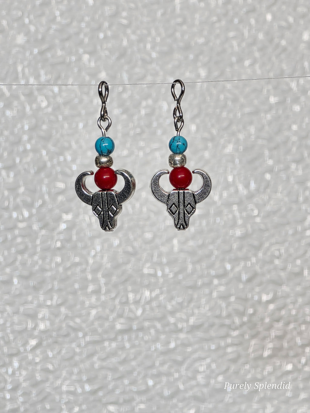 American made 18 inch girl doll earrings for dolls who wear 2mm studs. Silver Longhorn head with colorful beads / Purely Splendid