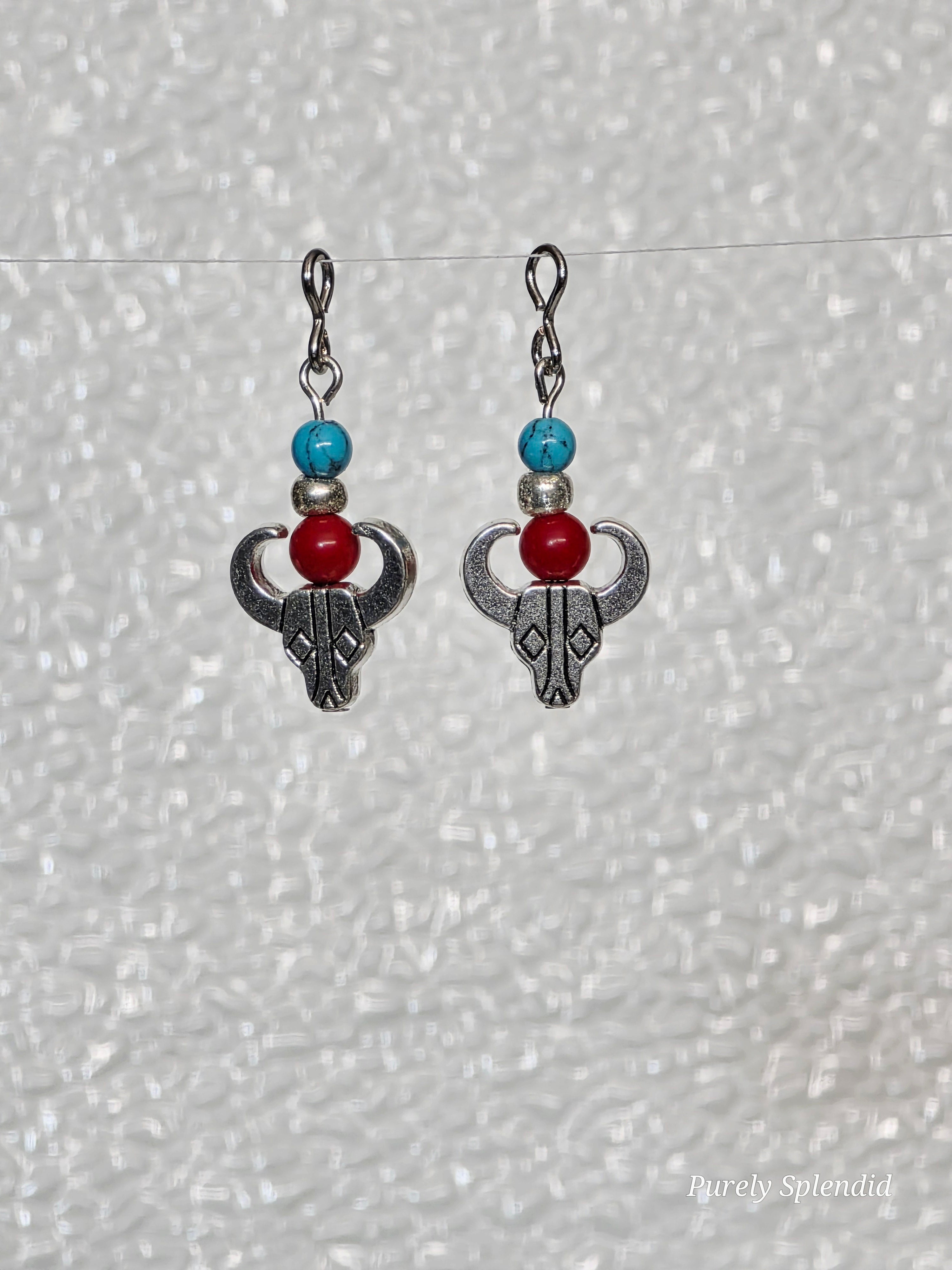 American made 18 inch girl doll earrings for dolls who wear 2mm studs. Silver Longhorn head with colorful beads / Purely Splendid