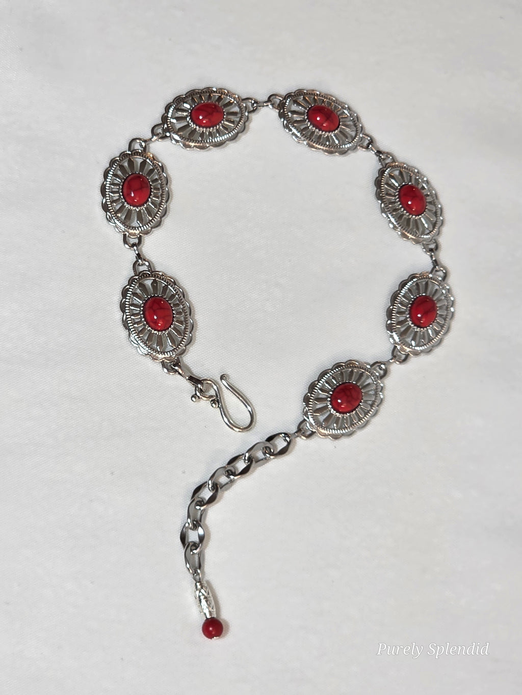 Red concho Western belt with silver concho links, hook clasp, and adjustable chain for 18 inch girl doll, American made | Purely Splendid
