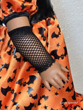 18 inch girl doll wearing a pair of black fishnet armlets with unfinished edges / American made / Purely Splendid
