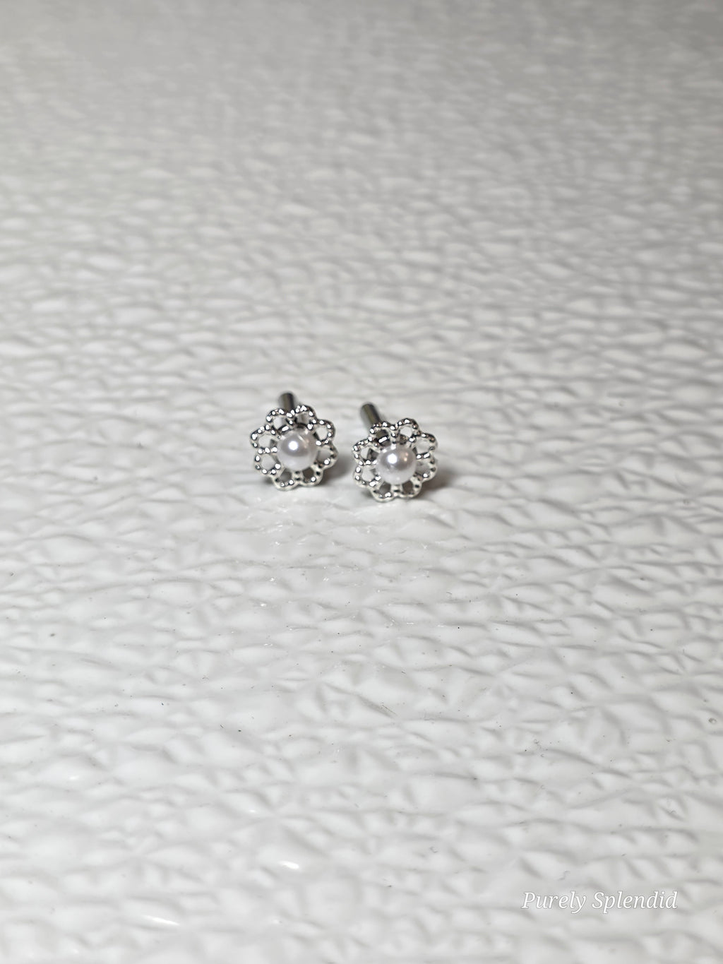 American made Silver and Pearl Flower 2mm Studs for 18 inch girl dolls / Purely Splendid