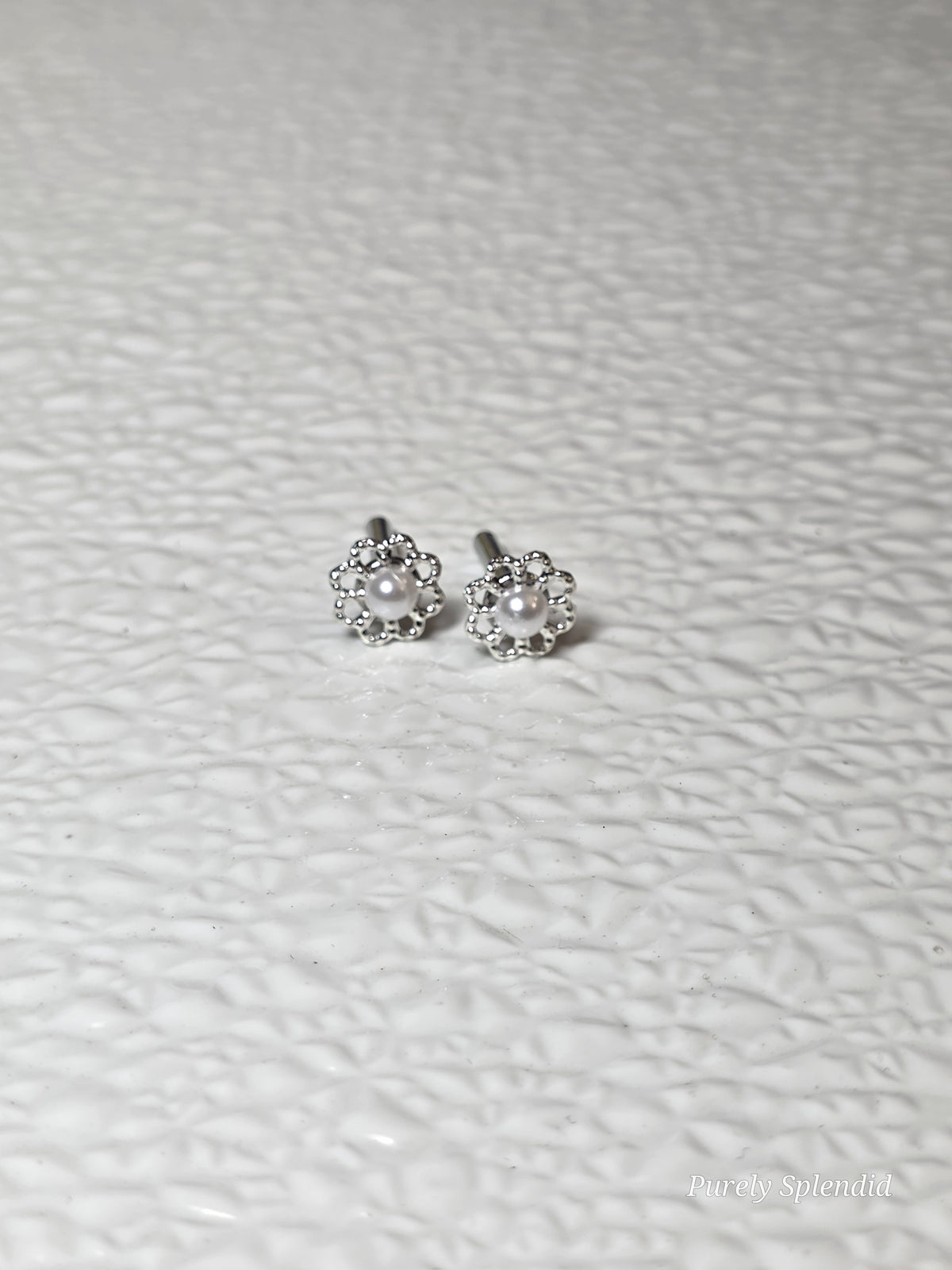 American made Silver and Pearl Flower 2mm Studs for 18 inch girl dolls / Purely Splendid