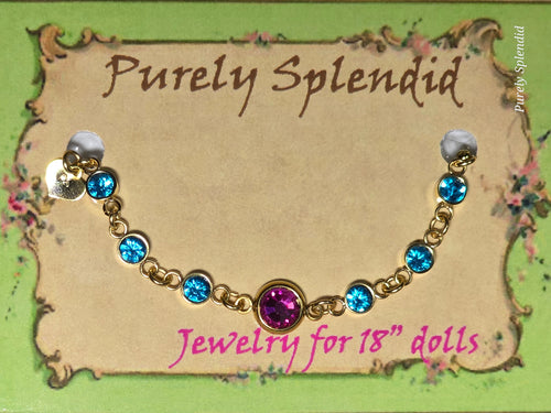 Custom gold rhinestone bracelet with dark pink center and baby blue stones for 18 inch girl dolls / Purely Splendid
