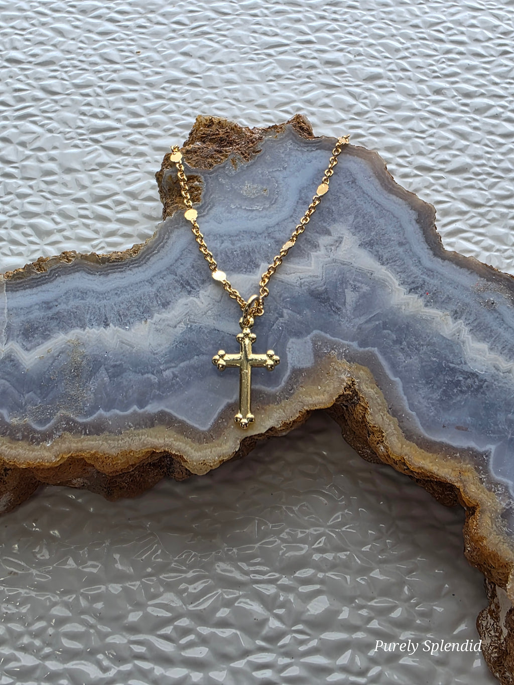 Detail of gold cross pendant on necklace for 18 inch girl dolls | Purely Splendid
