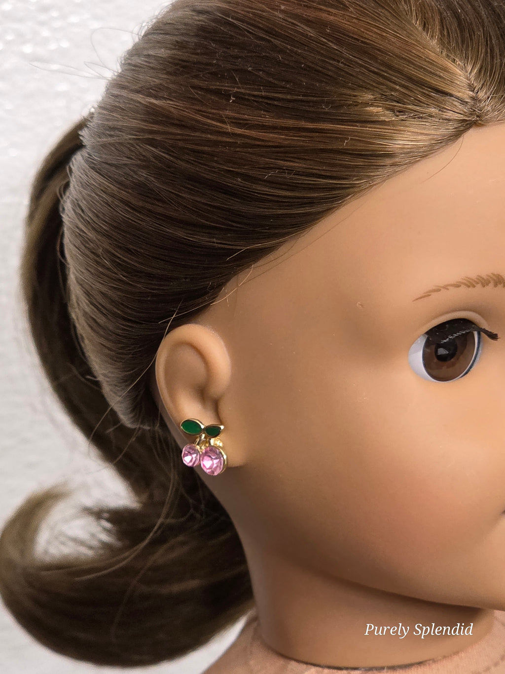 American made Sparkling Cherry Studs worn by an 18 inch girl doll / Purely Splendid