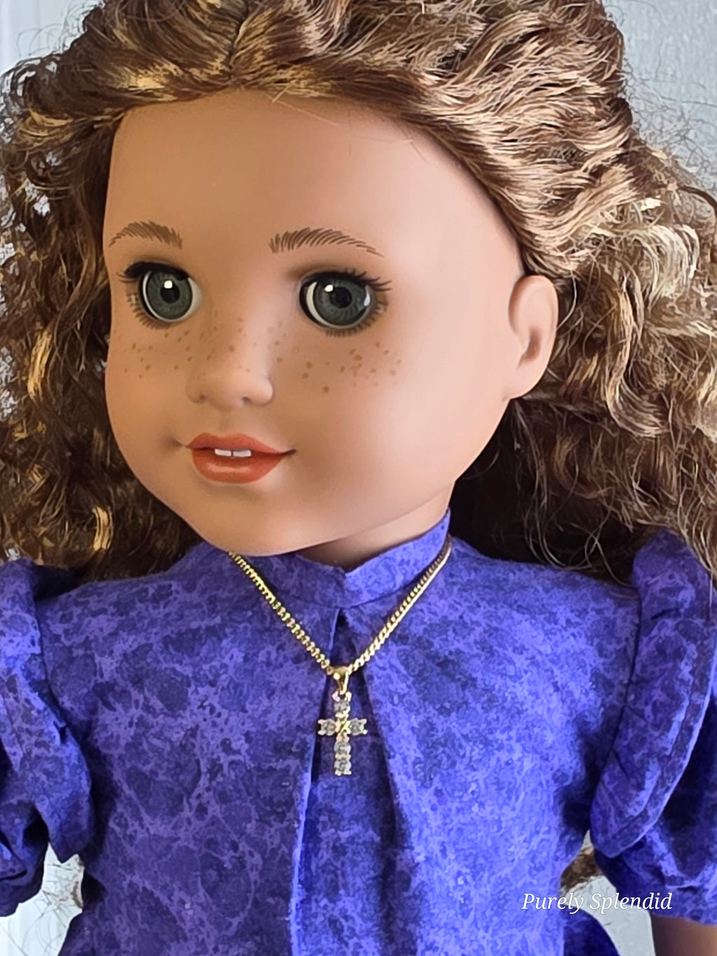 Sparkling gold cross necklace worn by 18 inch girl doll | Purely Splendid
