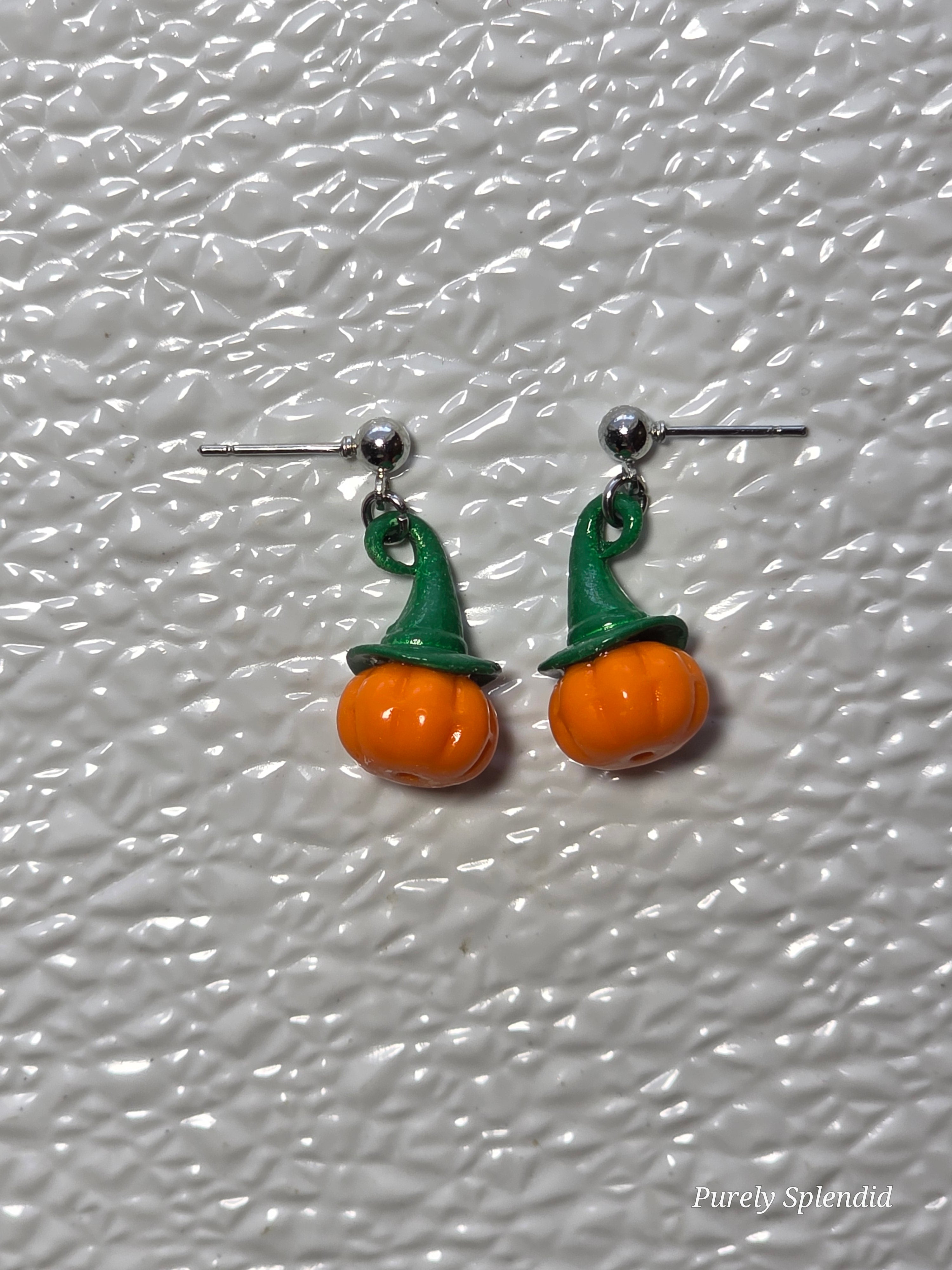 orange pumpkin earrings with green witches hat earrings for girls or dolls who have pinholes