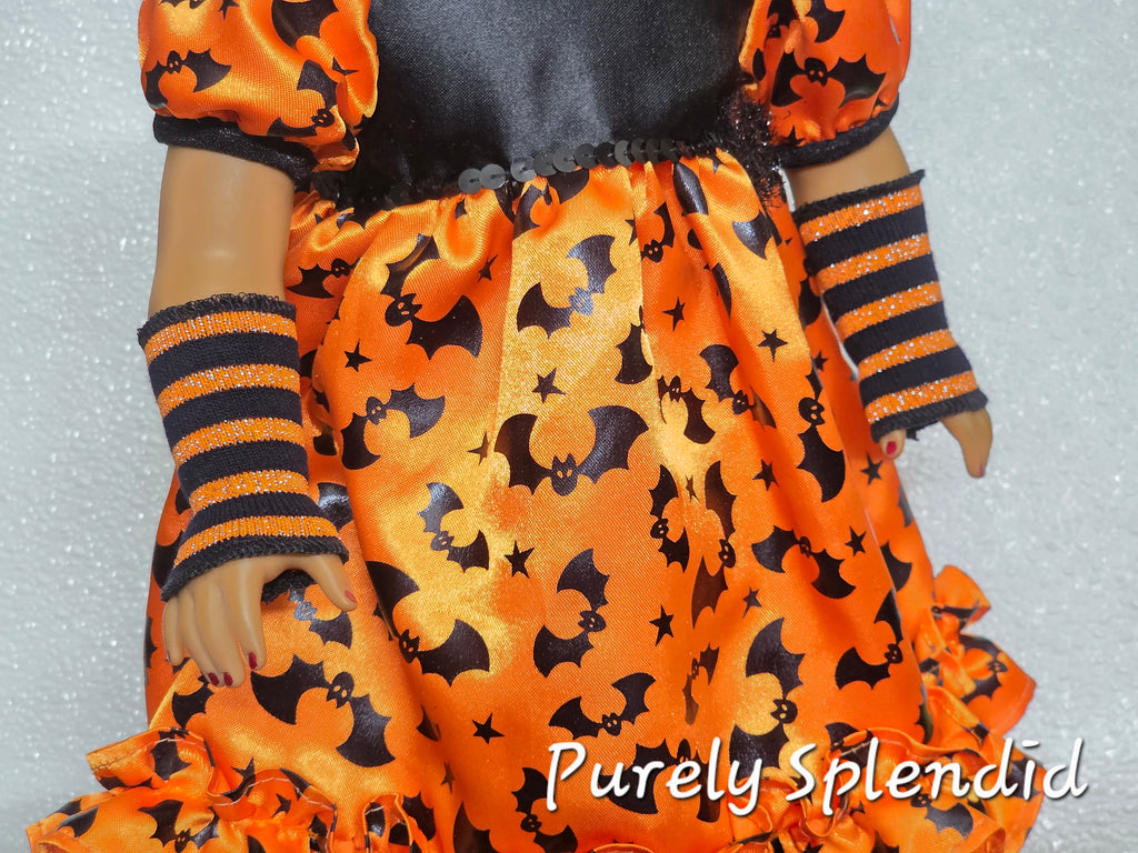 18 inch girl doll wearing orange and black striped fingerless gloves / American made / Purely Splendid