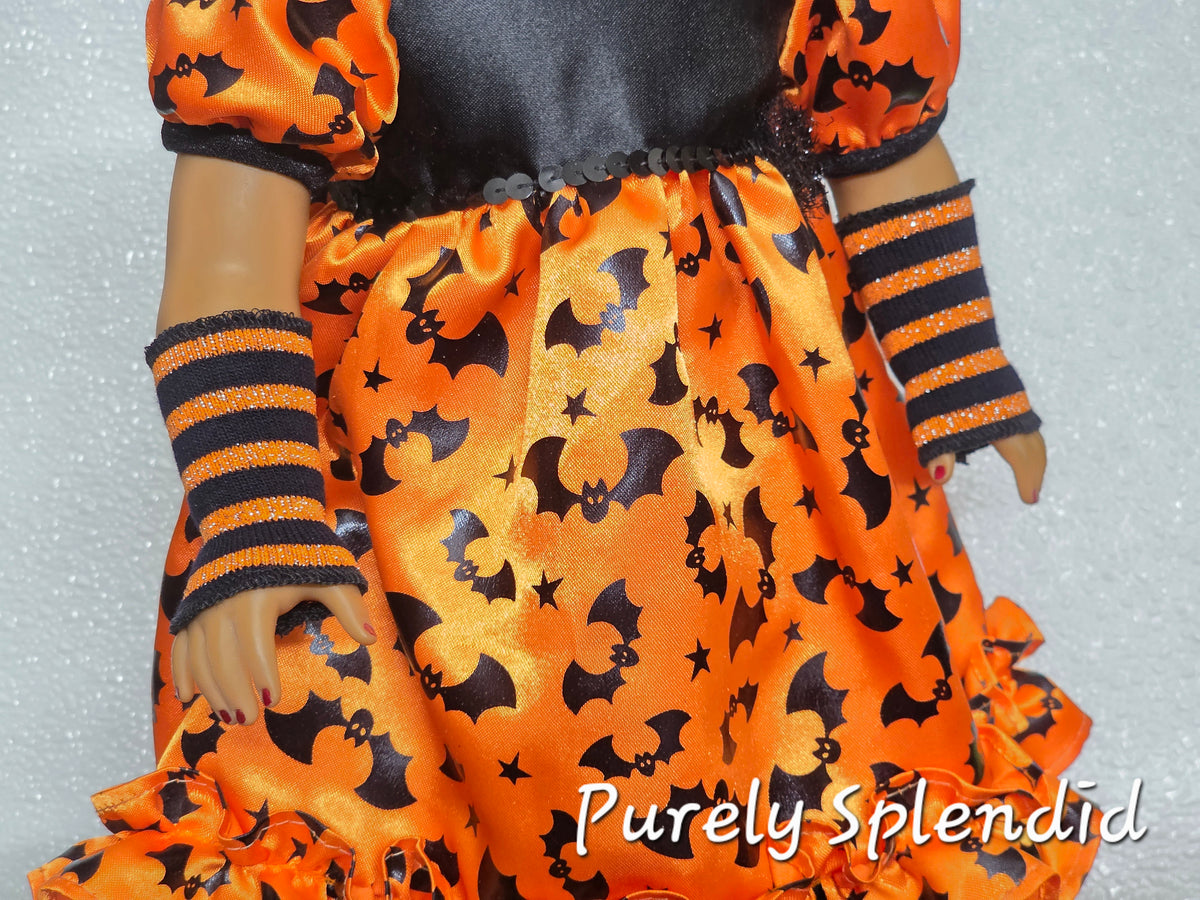 18 inch girl doll wearing orange and black striped fingerless gloves / American made / Purely Splendid