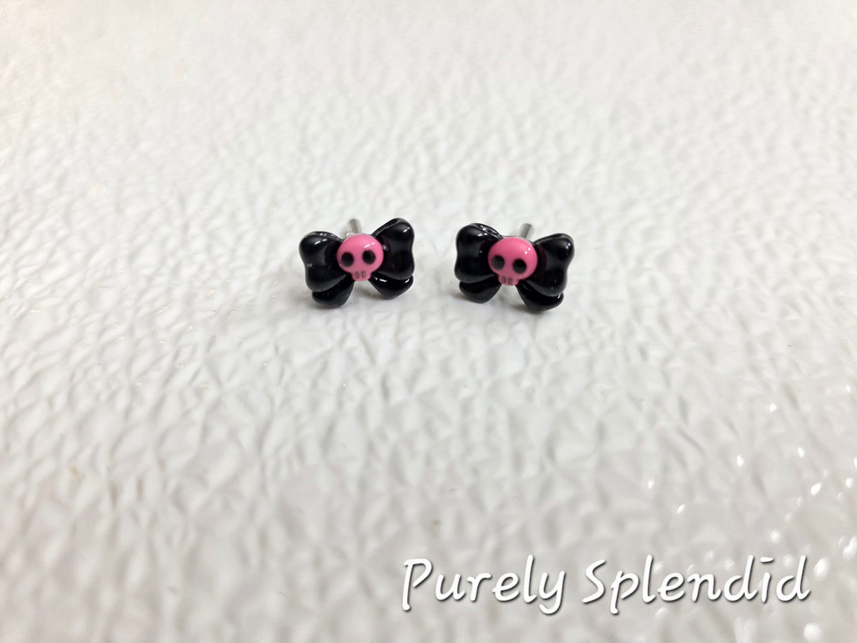 Pink Skulls on black bow Studs for 18 inch girl dolls / American made / Purely Splendid