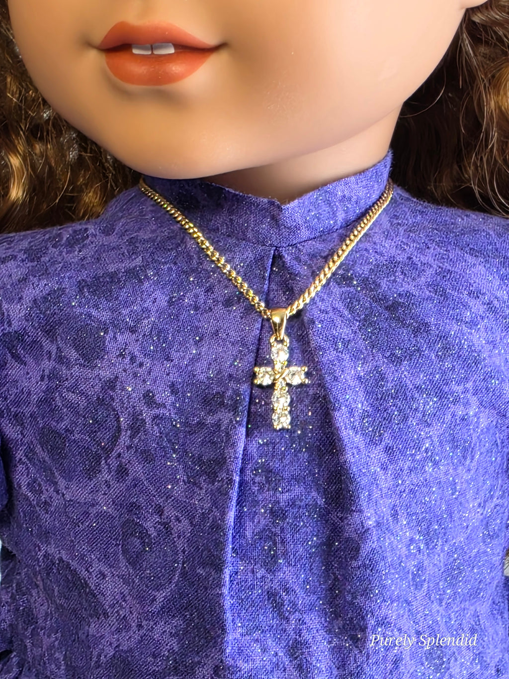 American made sparkling gold cross necklace with cubic zirconia for 18 inch girl dolls | Purely Splendid
