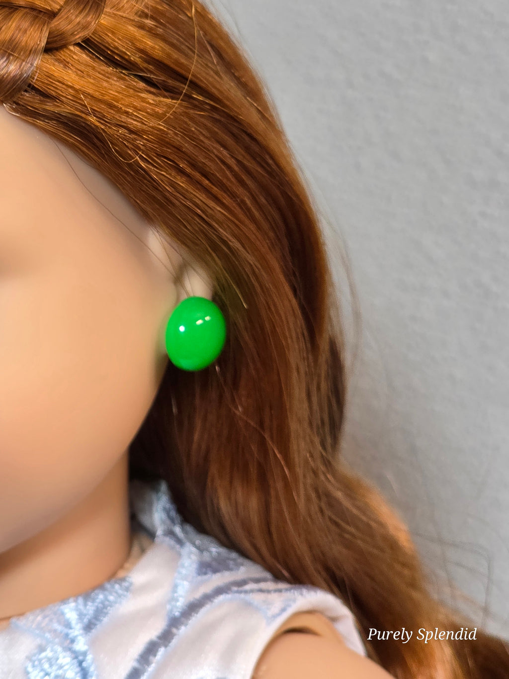18 inch girl doll wearing Large Colorful 80s green 2mm stud earrings — American made | Purely Splendid
