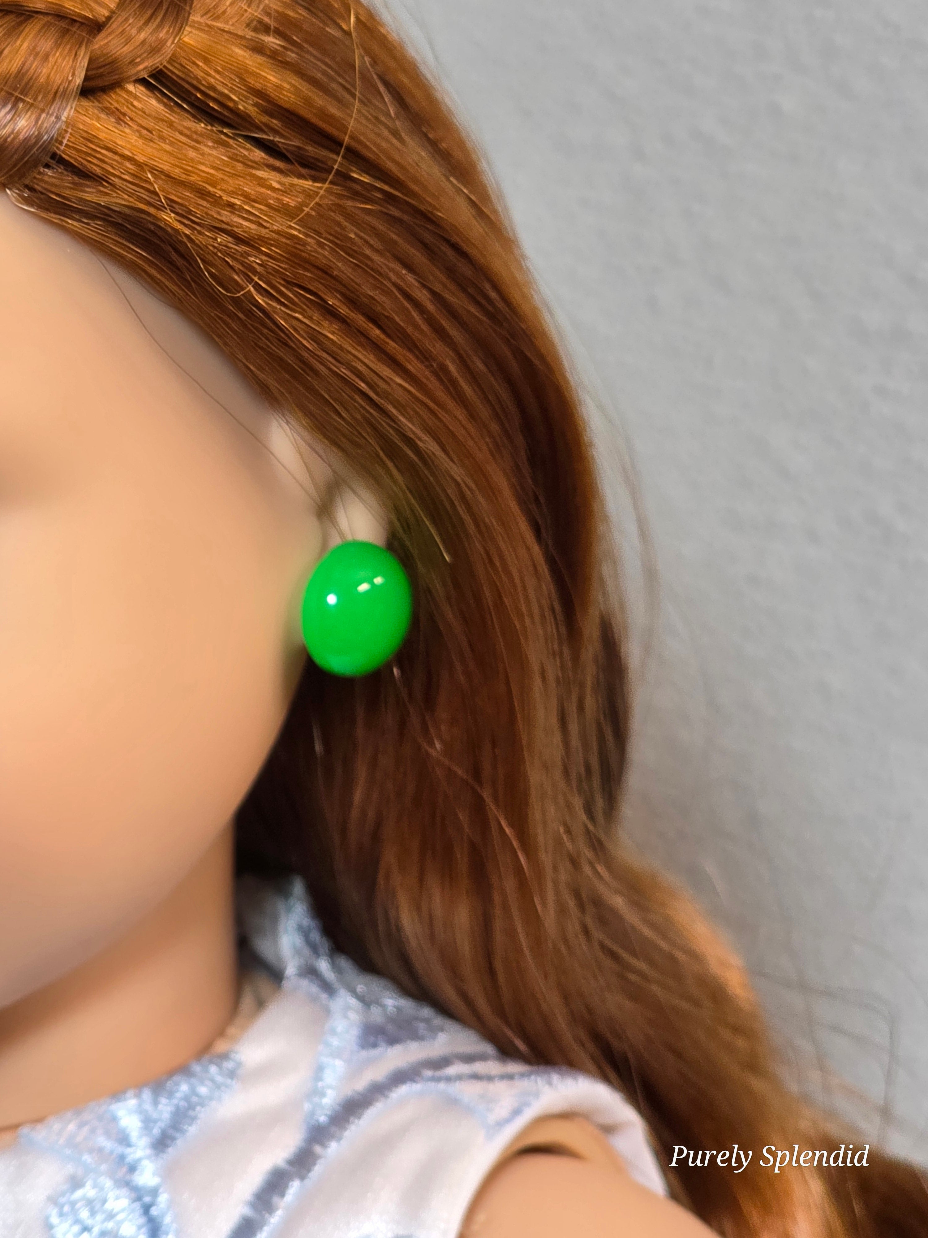 18 inch girl doll wearing Large Colorful 80s green 2mm stud earrings — American made | Purely Splendid
