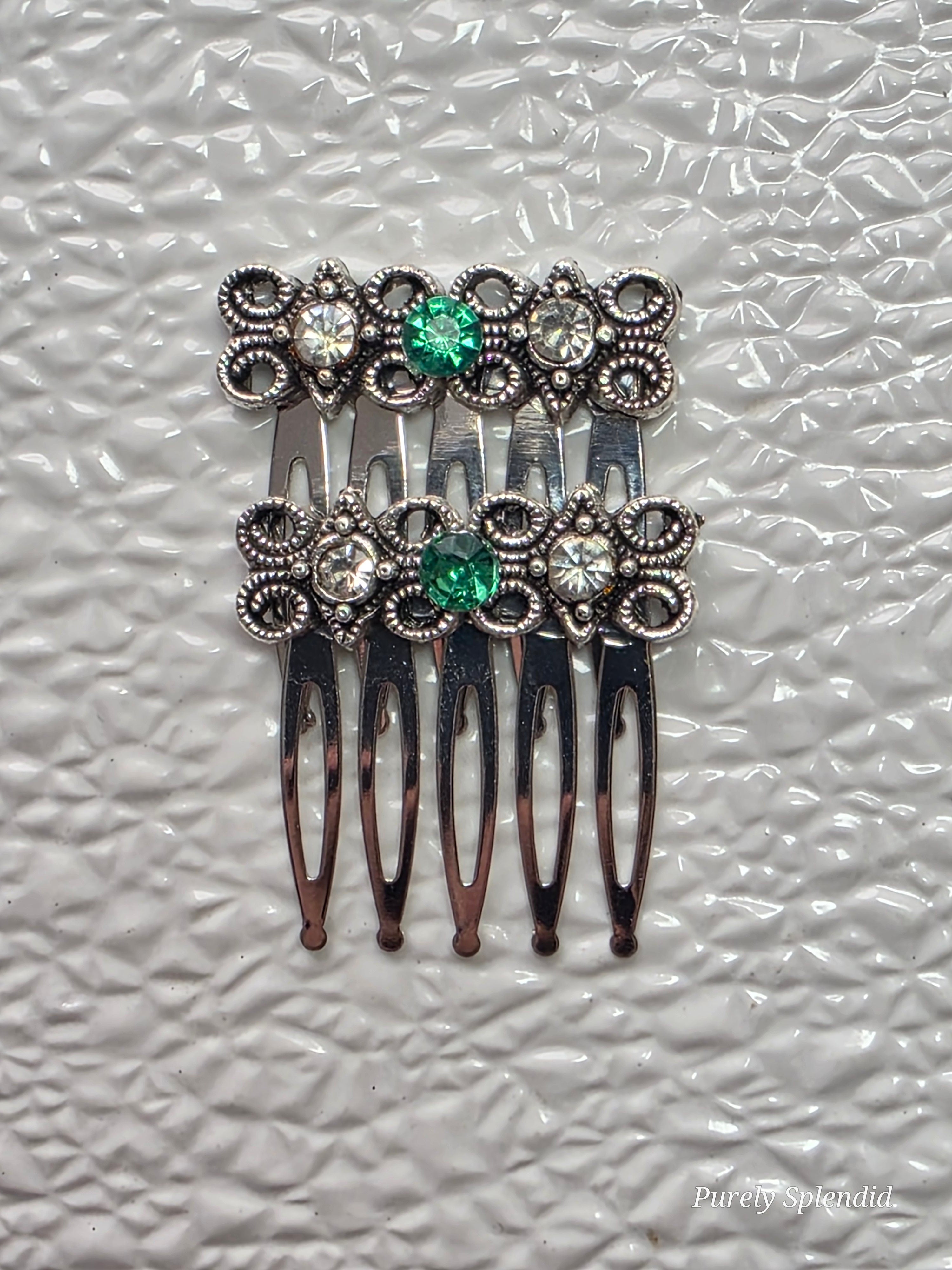 Decorative Sparkling Hair Comb with crystal and green rhinestones