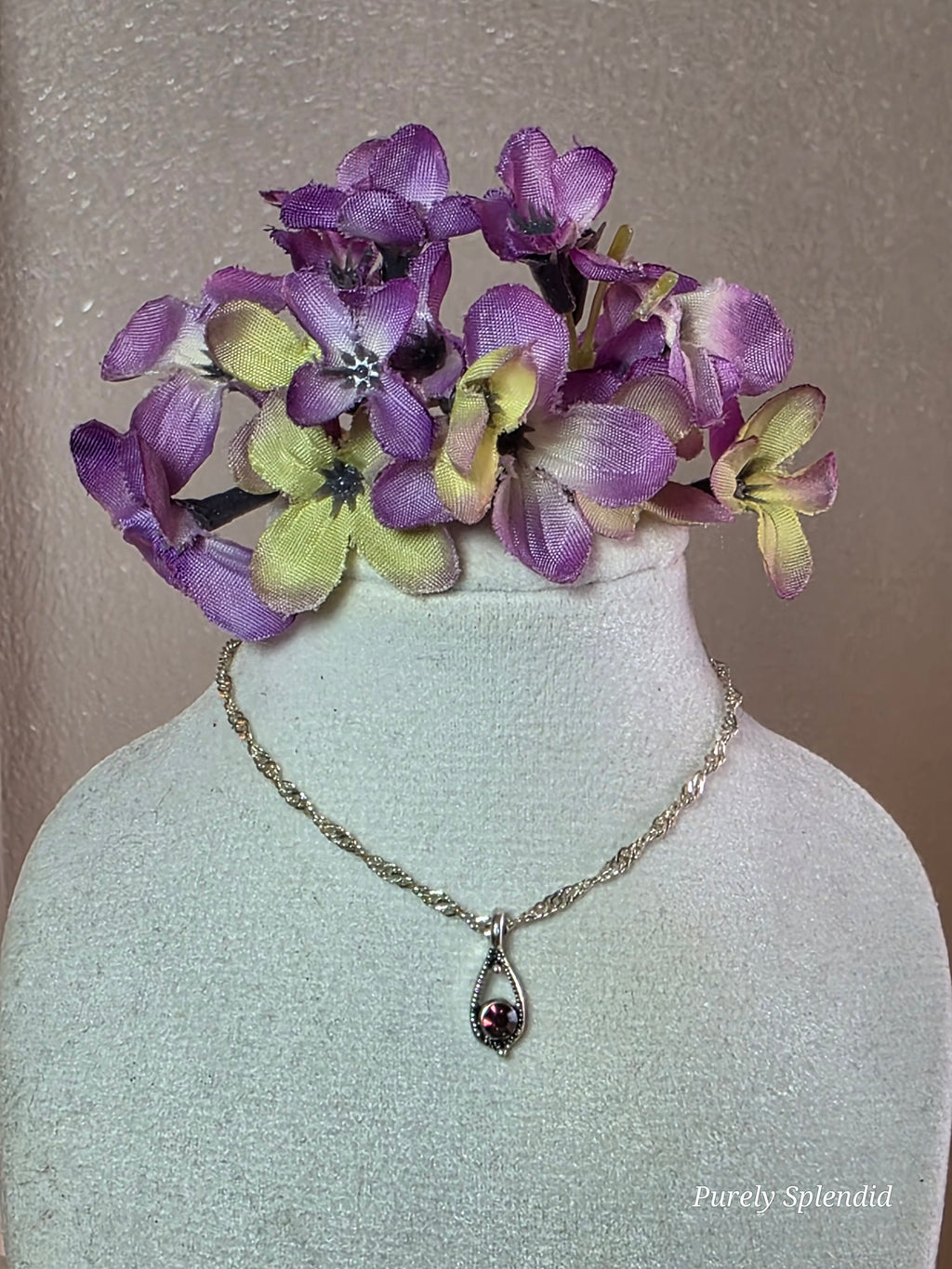 dainty amethyst pendant necklace on a silver twisted chain for 18 inch dolls
