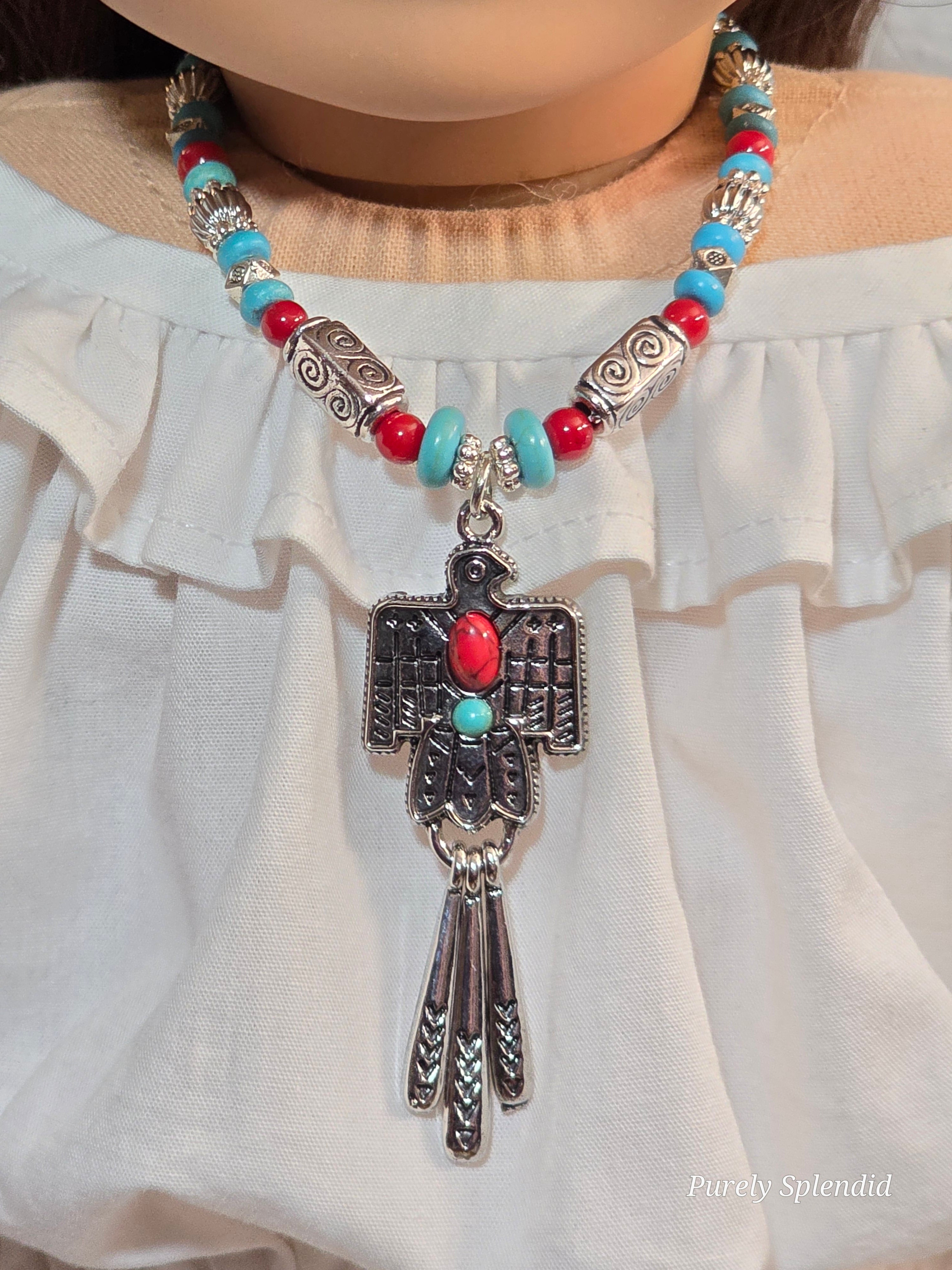 Close-up of Western Eagle pendant with beaded design, American made girl doll necklace | Purely Splendid
